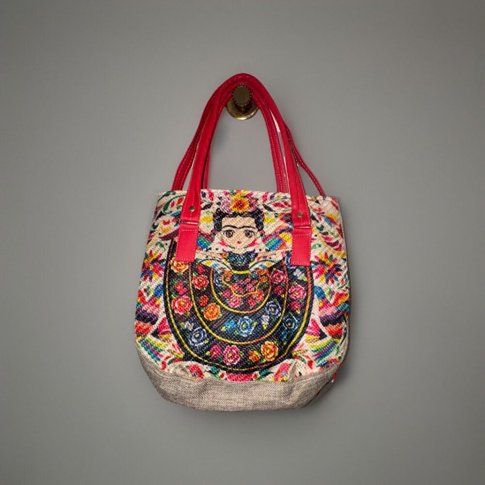 Frida Kahlo Artesanal Floral Boho Crossbody Shoulder Bag, Jute Handbag, Medium S